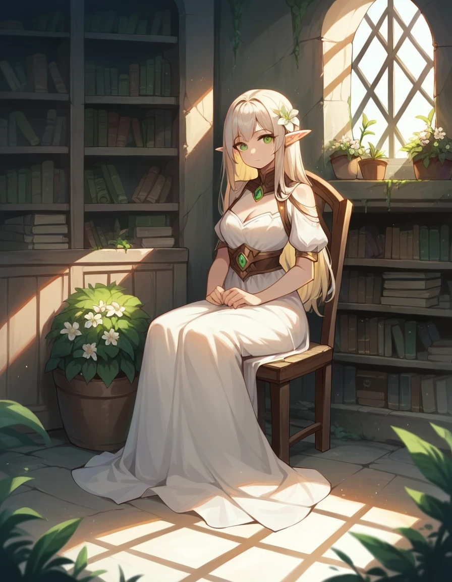 score_9, score_8_up, score_7_up, score_6_up, rating_safe, 1girl, elf, long hair, looking at viewer, d3c4y, overgrown, sunlight, indoors, bookshelf, cowboy shot, ruins, flower, chair, sitting, plants