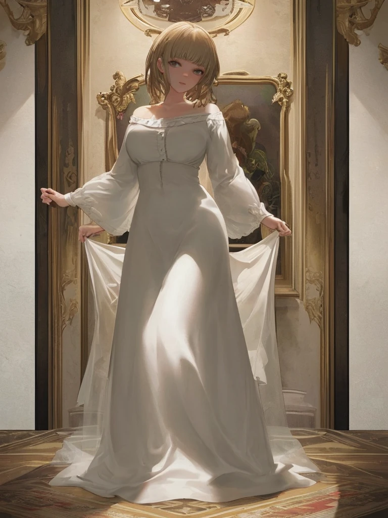masterpiece, highest quality, 1 person, Adult, Women's Center, alone, Medium blonde hair, Bright green eyes, View Viewer, Cape, high-quality metallic texture, Overcoat, Mouth closed, bangs, High collar,(KBXLL-san:0.6), Fantasy Aesthetics, Very detailed, Shadowverse Style, Enforcer Outfit, Elf Ears, Fixing hands