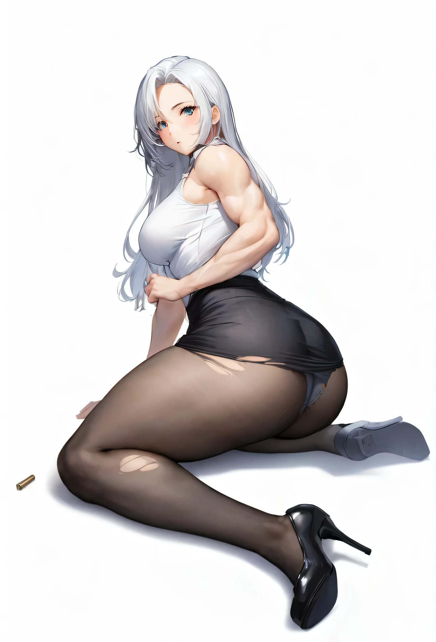 girl,beautiful girl, ,biceps,muscular female, alternate muscle size, panties under pantyhose, office lady,muscular thighs,, ,torn clothes ,,realistic light,