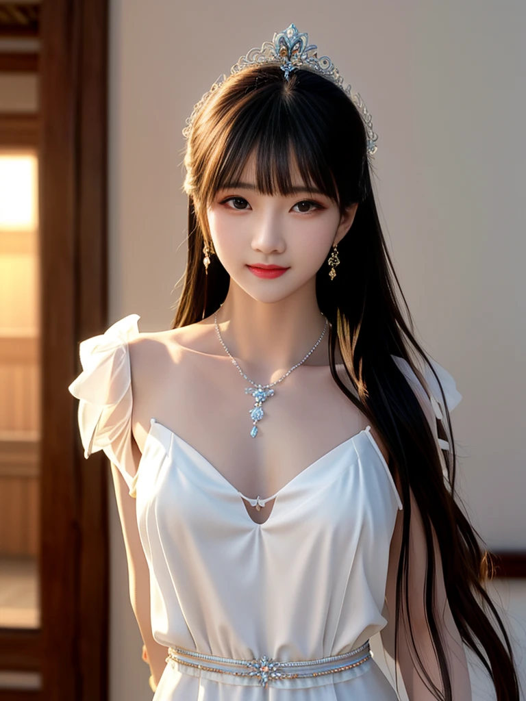 best quality、masterpiece、high resolution、1 Girl、Perfect body :1.4,Delicate clavicle,Beautiful makeup,Exquisite and perfect facial features,white dress、Tube Top Dress、Clear silk porcelain dress、(Mid-chest:1.1)、Hair accessories、Looking at the audience、Smile、Double eyelids、shut your mouth、Open lips、Shift Dress、Necklace、Jewel-like、Flowing long hair、ear nipple ring、Pretty Face、Physically、Tyndall Effect、realism、Tyndall effect,Reality, Rim Light, Two-tone lighting,Edge lighting,(High Detail Skin:1.2)、8K Ultra HD、Digital SLR Camera、high quality,Volumetric Lighting,Digital SLR Camera camera high quality wallpaper、high resolution