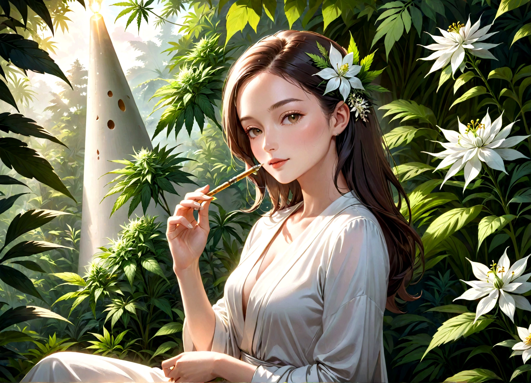 CG art of a beautiful indonesian girl, black hair, (marijuana goddess:1.2), (ganja princess:1.1), (marijuana leaf crown:1.2), cute girl, Sam Yang art,
glamor pose, smirk, eyebrow up, 
pastel color, calm tones, 58 mm,
detailed background,
(paint by SamDoesArts:1.3)