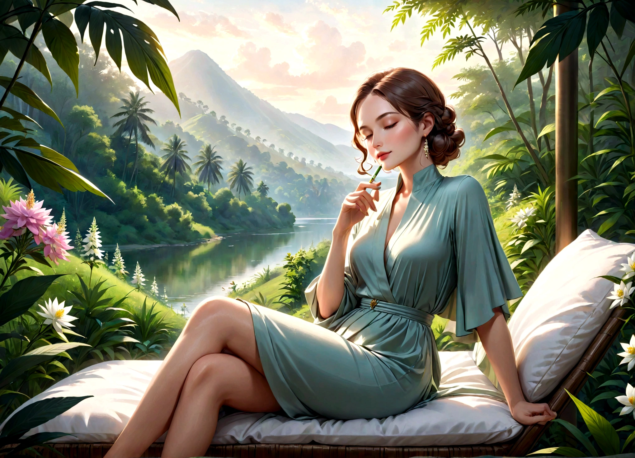 elegant woman, relaxing, holding CBD joint, serene expression, cone-shaped CBD joint, all-natural ingredients, soft lighting, clean and minimalistic background, nature-inspired elements, lush greenery, flowers, luxurious, high-quality, photorealistic, detailed, high resolution, beauty magazine cover style, wellness, peaceful, harmonious, calm, elegant attire, soft focus