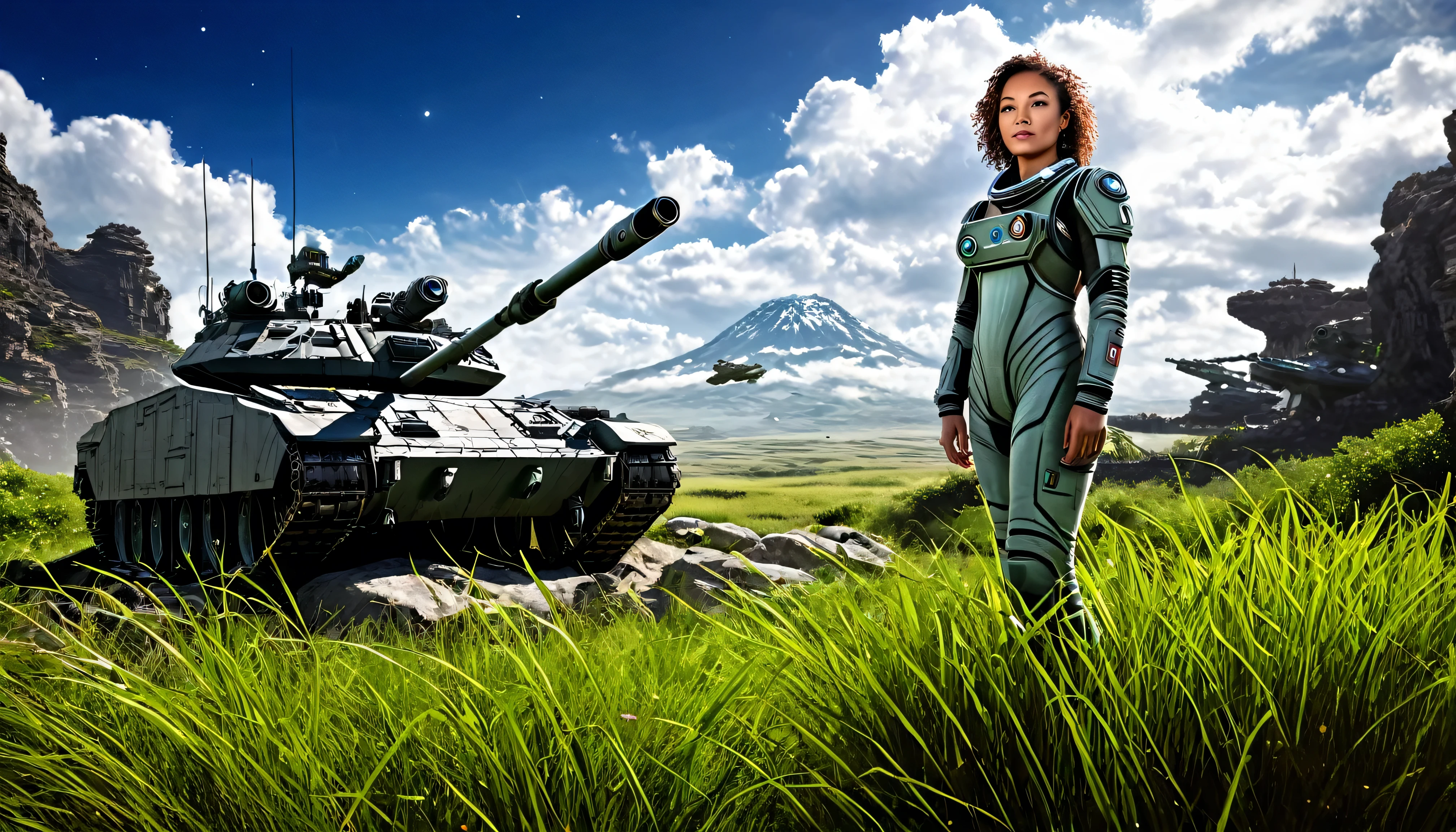 Awards (whole body:0.8) (Photo portrait:1.3) Young woman (Sci-Fi Astronaut:1.3) with (Military tanks:1.4), (Stargate:1.4), Gaze upon a lush alien planet, (Mountain々:1.2) (Tall Grass:1.4), rock, Fluffy clouds floating in the sky, Trending on Art Station, Very detailed, The finer details, complicated, (Lens flare:0.6), (Backlight:0.8), (bloom:0.8), Shallow depth of field