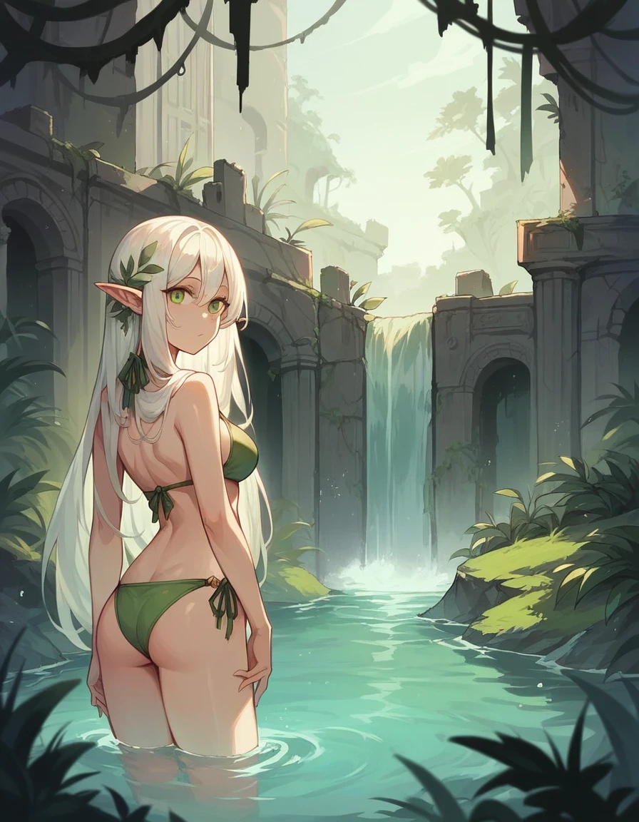 score_9, score_8_up, score_7_up, score_6_up, rating_safe, 1girl, elf, long hair, looking at viewer, bikini, d3c4y, overgrown, standing in water, cowboy shot, ruins, plants, waterfall, ruins