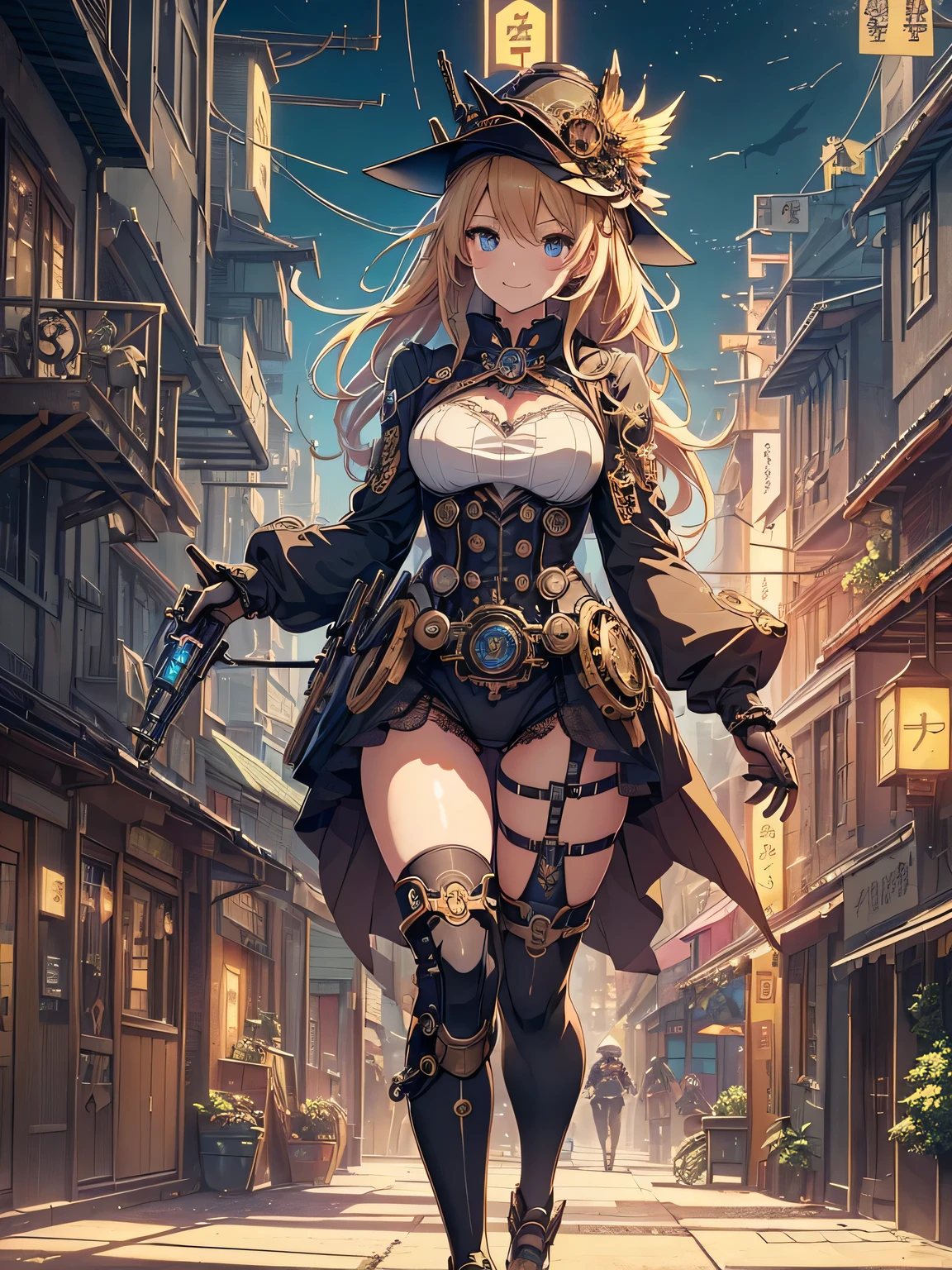 (Line art_anime),(full body,Low Angle, highest quality, ),(Laura Budd Photos:1.2),(Laura Add details:1.0),8k, Flat Color:0.8,1 girl,smile,(Highly decorative and complex mechanical steampunk fashion, Lace flare dolphin hat、goggles、machinery background、Gear background、An elaborately mechanized steampunk cityscape 1.5),Cute pose,