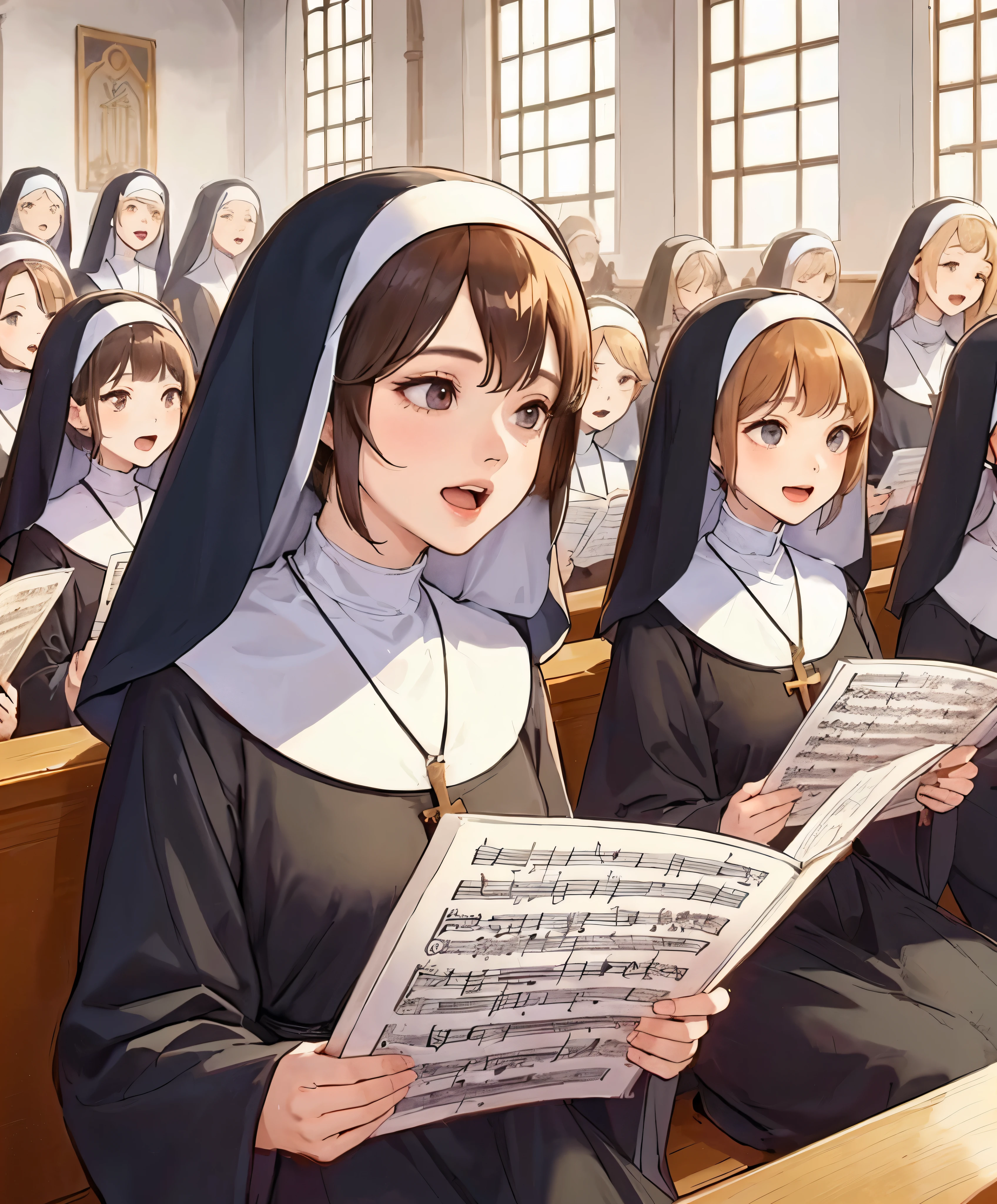 1 sitting woman, sing, (Nun costume), Wimple, Mature Woman, /(Dark brown hair/) bangs, A light smile, (Open your mouth), (Masterpiece of the highest quality:1.2) delicate illustration ultra-detailed break (Have sheet music), (cross:1.2), (A rose hanging from her neck) break ((A modest chapel:1.2) At the monastery), indoor, Multiple women, Crowded, noon, Detailed Background