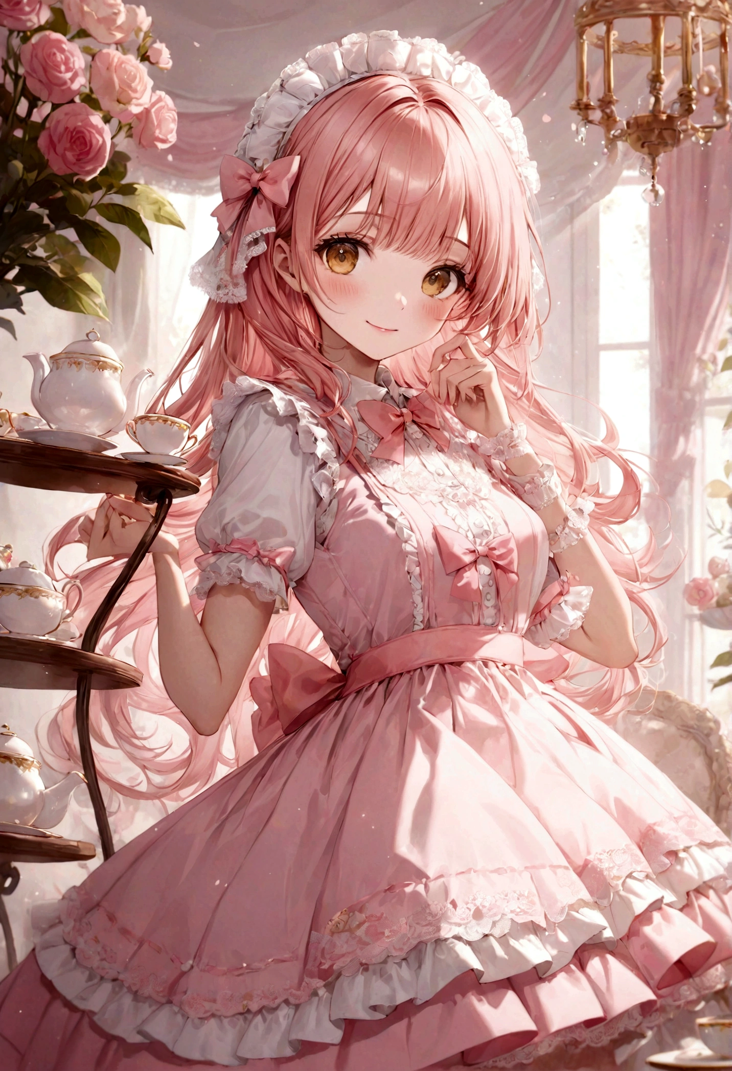 ((top-quality)), ((masterpiece)), ((ultra-detailliert)), (extremely delicate and beautiful), peach pink hair, long straight hair, golden eyes, cute woman, wearing pink lolita dress, lolita dress with lace, cute smile, pink sash bows, tea party background