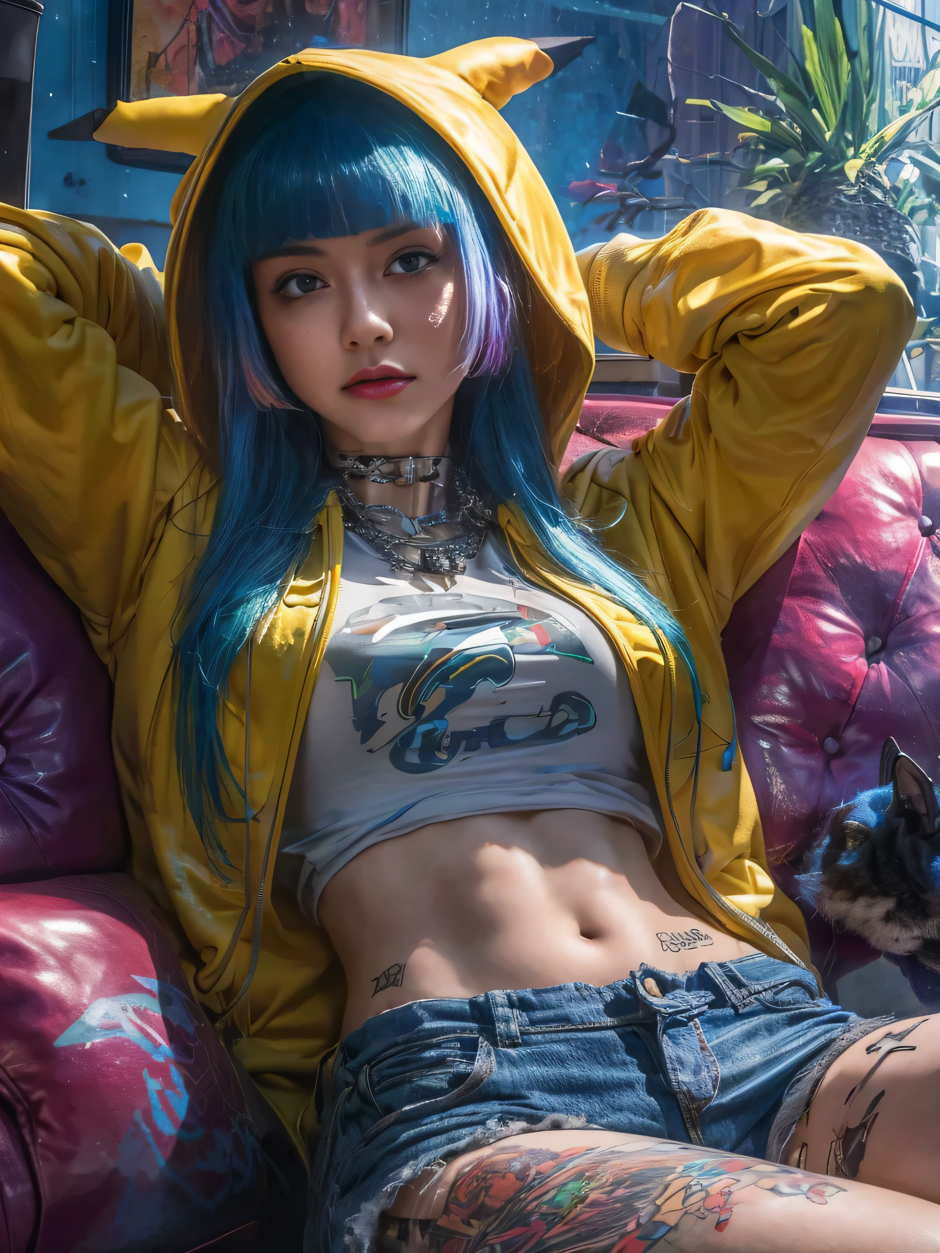 arafed woman with blue hair and a yellow hoodie sitting on a couch, ross tran 8 k, cyberpunk 2 0 y. o model girl, alena aenami and artgerm, cyberpunk art ultrarealistic 8k, cyberpunk beautiful girl, artgerm julie bell beeple, cyberpunk anime girl in hoodie, cyberpunk art style, in cyberpunk style