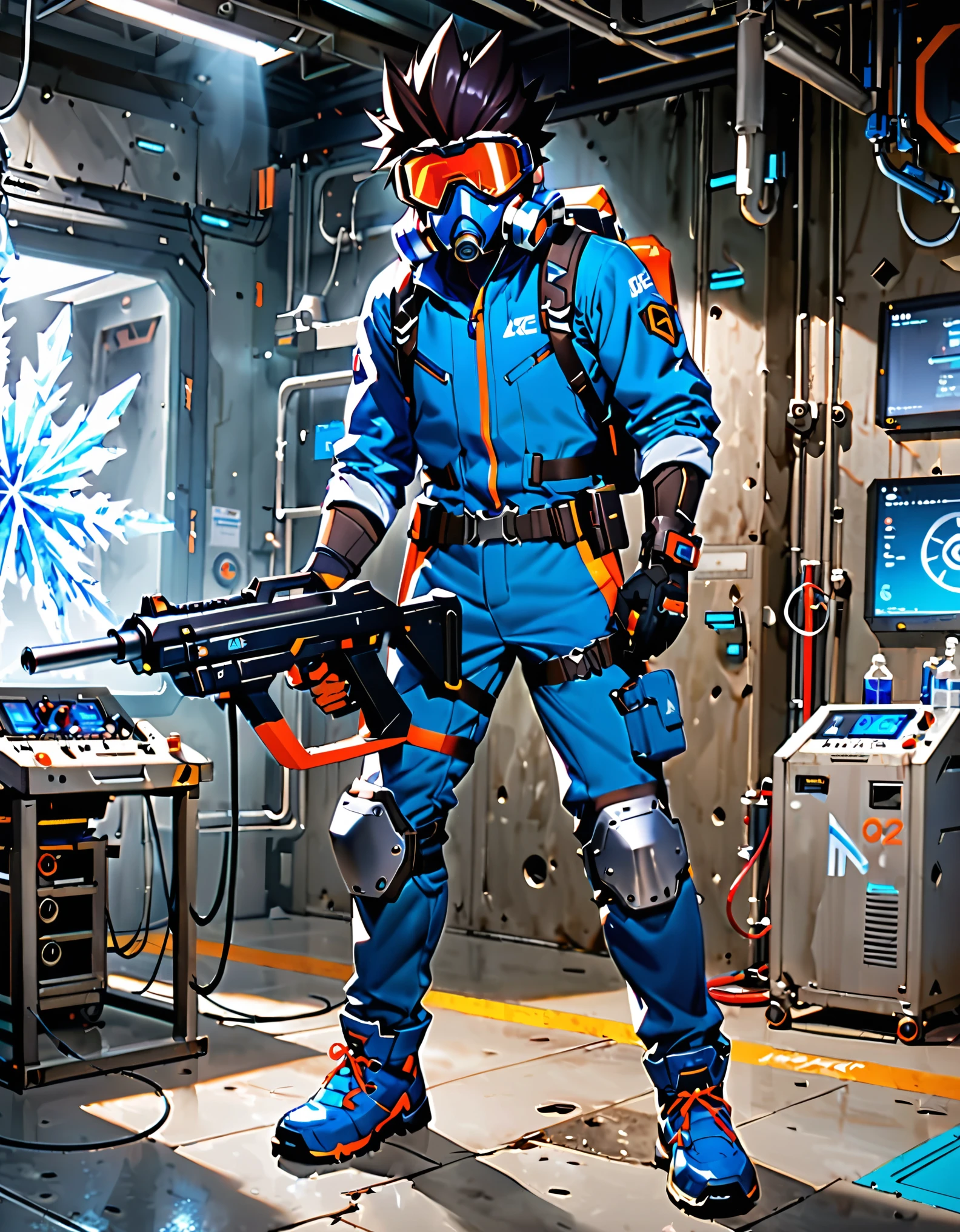 best quality, solo, male focus, overwatch, a man with a helmet and glasses, black hair, spiky hair, blue and white jumpsuit, blue winter jacket, red goggles, blue boots, knee pads, steel breathing mask, (using weapon, freeze gun), laboratory backdrop, ice frost, full body costume design