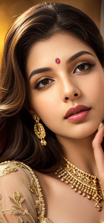 beautiful Indian girl, 1girl, detailed eyes, detailed lips, long eyelashes, beautiful face, detailed skin, exotic features, intricate jewelry, flowing hair, sheer elegant dress, soft lighting, warm colors, cinematic composition, photorealistic, hyper detailed, masterpiece, 8k, high quality, NSFW,