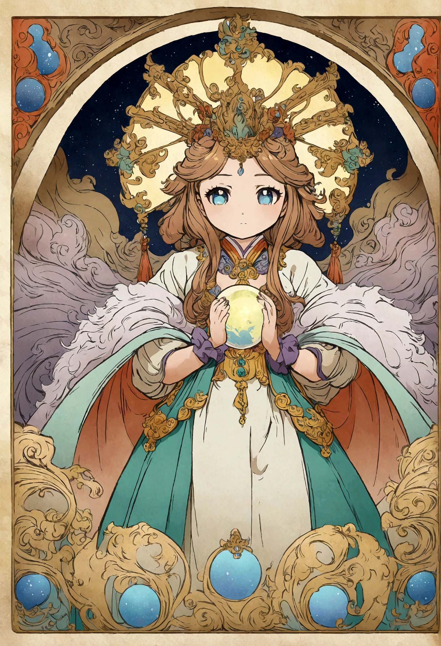 anime girl with a Crystal Ball in her hands, Anime fantasy illustration, Korean Art Nouveau Animation, Beautiful artwork illustration, Fantasy art style, Beautiful Fantasy Empress, Cute and detailed digital art, digital Anime illustration, onmyoji detailed art, Chinese Fantasy, Anime Graphic Illustration, Crystal Ball, palace , Girl in Hanfu, Anime illustration, fortune teller, Superpowered girl