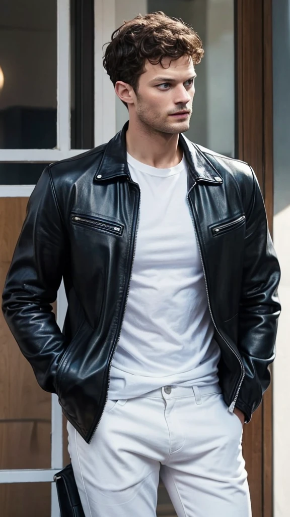 Jamie Dornan ,looking away,standing,looking away,blue eyes,half body photo,38 years old,Curly hair,medium hair,undercut hairstyle,light brown hair,black jacket,Leather jacket,white t-shirt,white trousers,morning,ultra detail,masterpiece