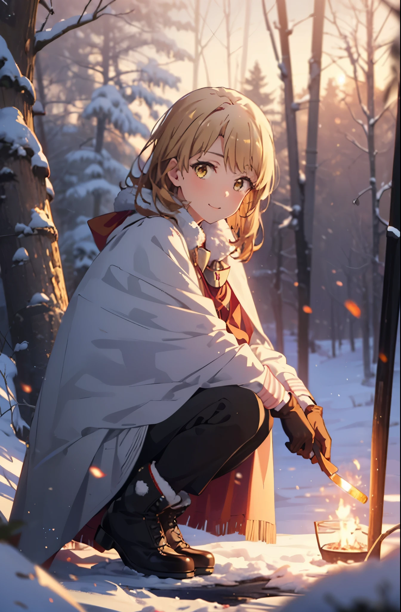 irohaisshiki, iroha isshiki, Brown Hair, (Brown eyes:1.5), smile,snow, Long Hair, Food, fire, Outdoor, Brown Hair, boots, snowing, From the side, wood, suitcase, Cape, Blurred, Food up, forest, gloves, nature, Brown eyes, red gloves, Squat, Mouth closed, Fooded Cape, winter, Written boundary depth, Black shoes, red Cape
break looking at viewer,
break (masterpiece:1.2), highest quality, High resolution, unity 8k wallpaper, (shape:0.8), (Fine and beautiful eyes:1.6), Highly detailed face, Perfect lighting, Highly detailed CG, (Perfect hands, Perfect Anatomy),