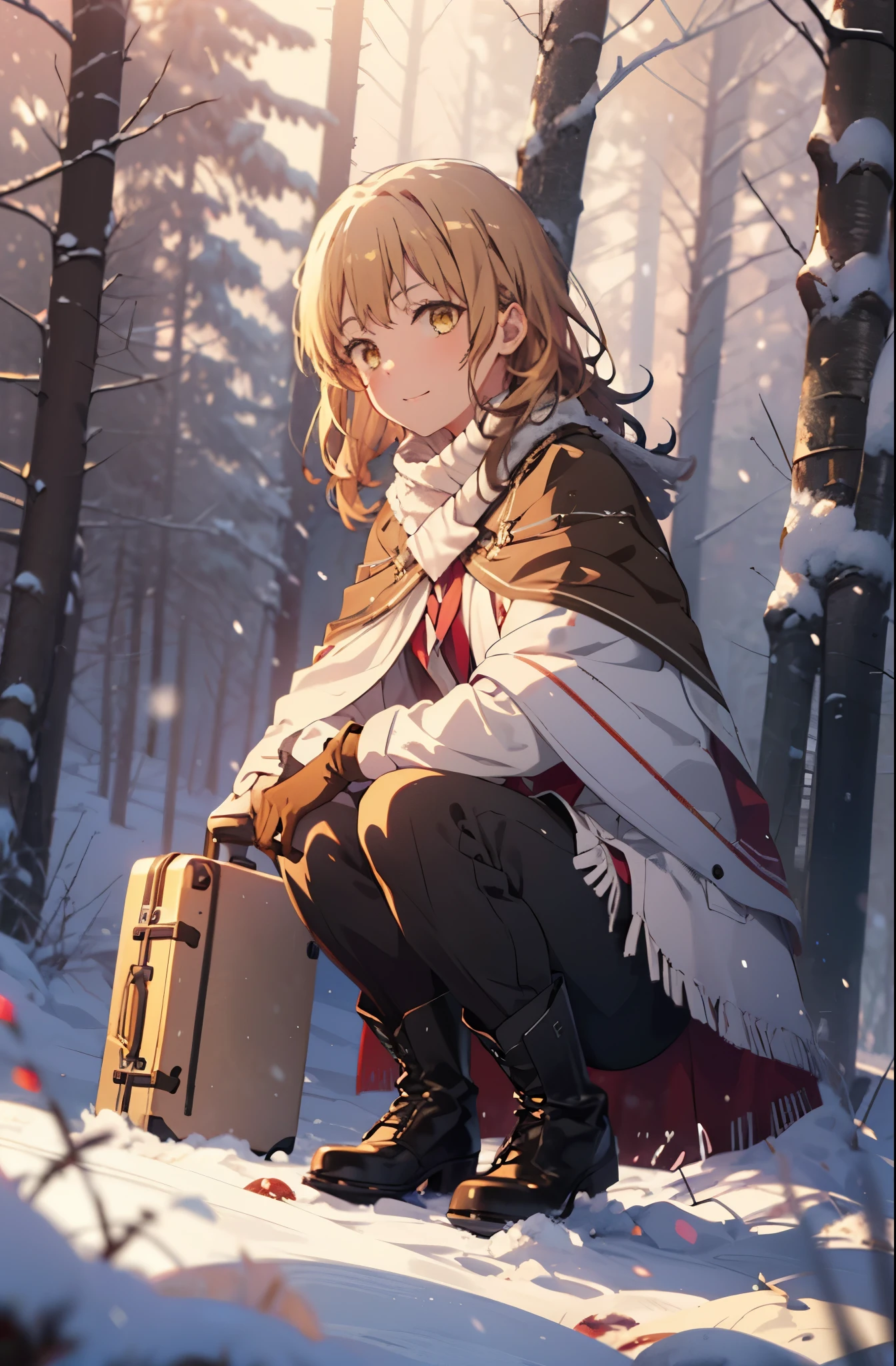 irohaisshiki, iroha isshiki, Brown Hair, (Brown eyes:1.5), smile,snow, Long Hair, Food, fire, Outdoor, Brown Hair, boots, snowing, From the side, wood, suitcase, Cape, Blurred, Food up, forest, gloves, nature, Brown eyes, red gloves, Squat, Mouth closed, Fooded Cape, winter, Written boundary depth, Black shoes, red Cape
break looking at viewer,
break (masterpiece:1.2), highest quality, High resolution, unity 8k wallpaper, (shape:0.8), (Fine and beautiful eyes:1.6), Highly detailed face, Perfect lighting, Highly detailed CG, (Perfect hands, Perfect Anatomy),