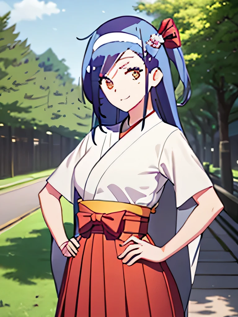 top-quality, highly detailed,Three-dimensional feeling、front-facing view, One side up, Twin-tailed,A smile、Hands on the hips、 (Red Eyes:1.3)a closed mouth, bow ribbon、Taisho period in Japan、White color kimono、outside of hakama、a park、realisitic,1girl in、Beautiful flowers々A park in full bloom、arms on both sides、White Hakama、Kimono、standing on the grass、absolute reference to center、A cute girl no matter who looks, picture quality, (masutepiece:1.2), Best Quality, High resolution, Unity 8k Wallpaper, (Illustration:0.8), (Beautiful detailed eyes:1.6), ighly detailedな顔, Perfect Lighting, ighly detailedなCG, (Perfect hands, Perfect Anatomy:1.2),