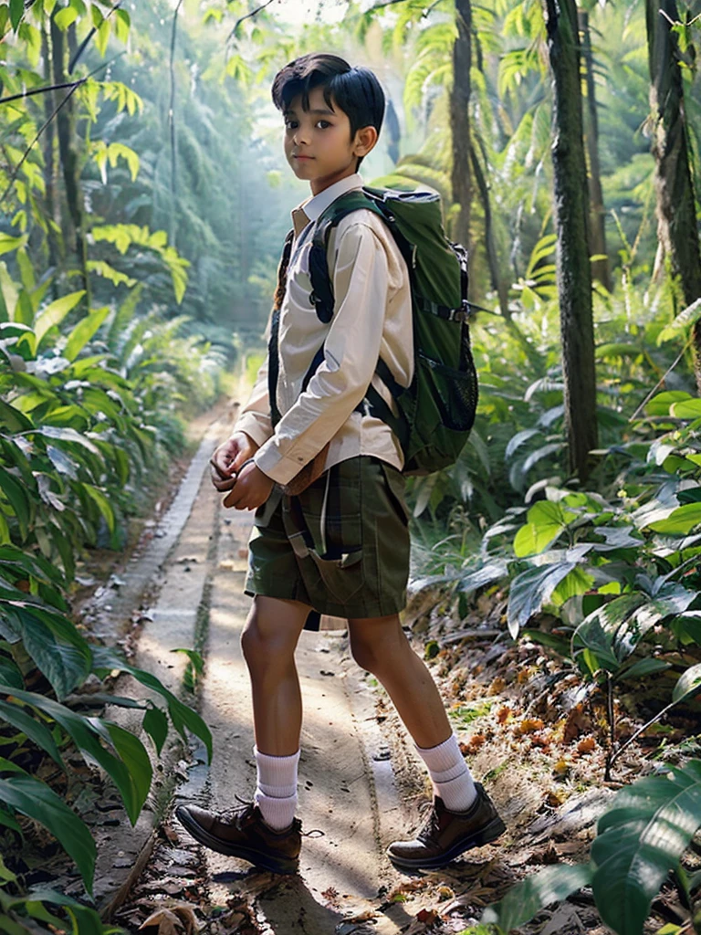 Realistic Young indian Young indian boy walking in the woods in Scout boy uniform Heavy.
Backpack Sunlight falling down from between the Leafs. Slightly raining