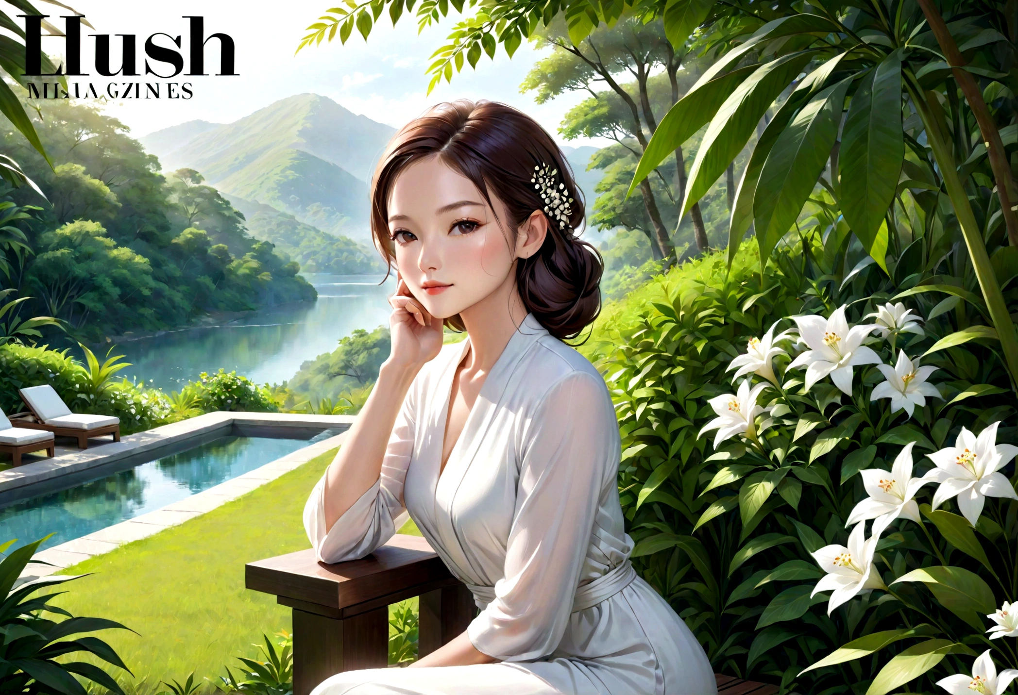 elegant woman, relaxing, serene expression, soft lighting, clean and minimalistic background, nature-inspired elements, lush greenery, flowers, luxurious, high-quality, photorealistic, detailed, high resolution, beauty magazine cover style, wellness, peaceful, harmonious, calm, elegant attire, soft focus