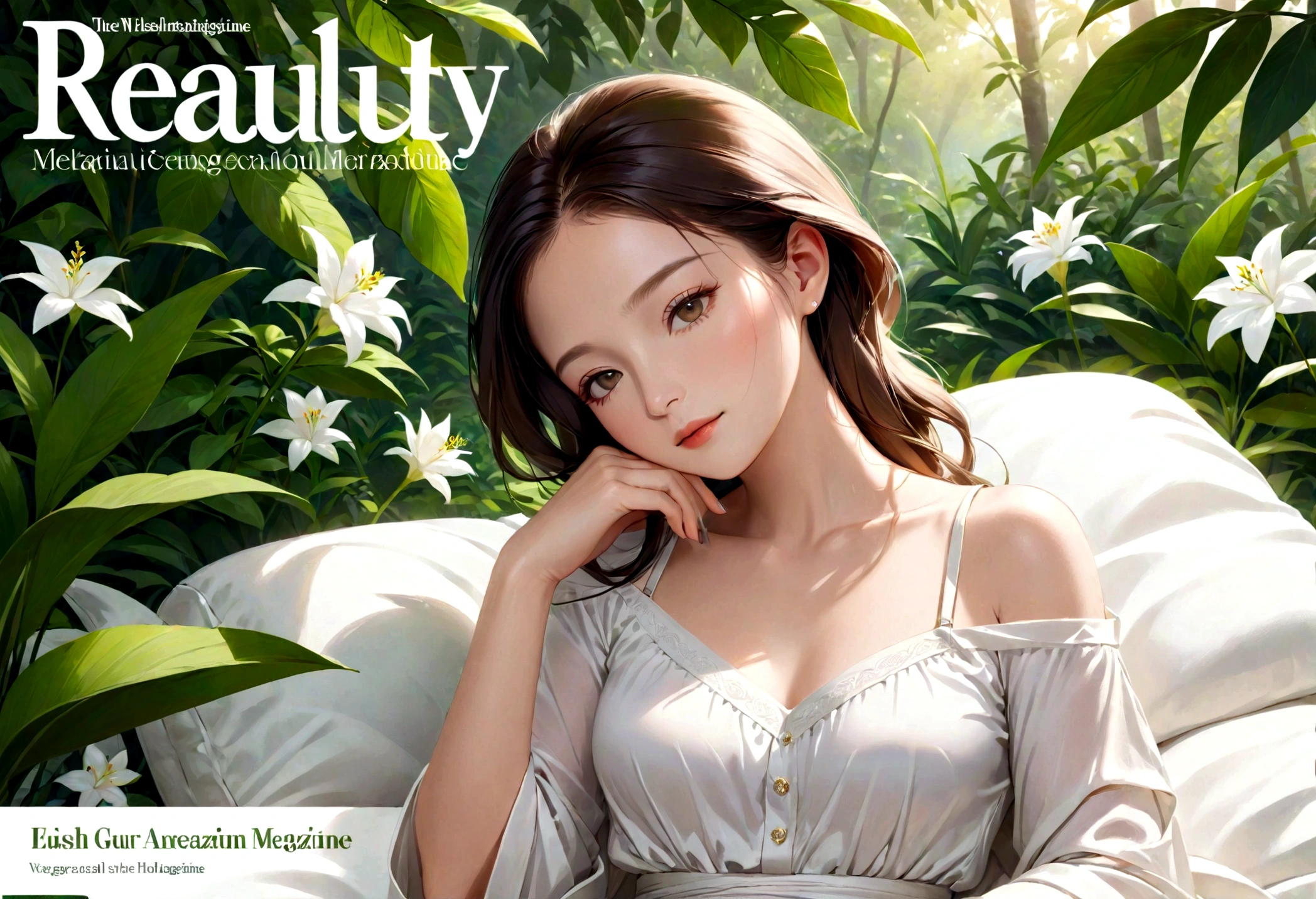 elegant woman, relaxing, serene expression, soft lighting, clean and minimalistic background, nature-inspired elements, lush greenery, flowers, luxurious, high-quality, photorealistic, detailed, high resolution, beauty magazine cover style, wellness, peaceful, harmonious, calm, elegant attire, soft focus