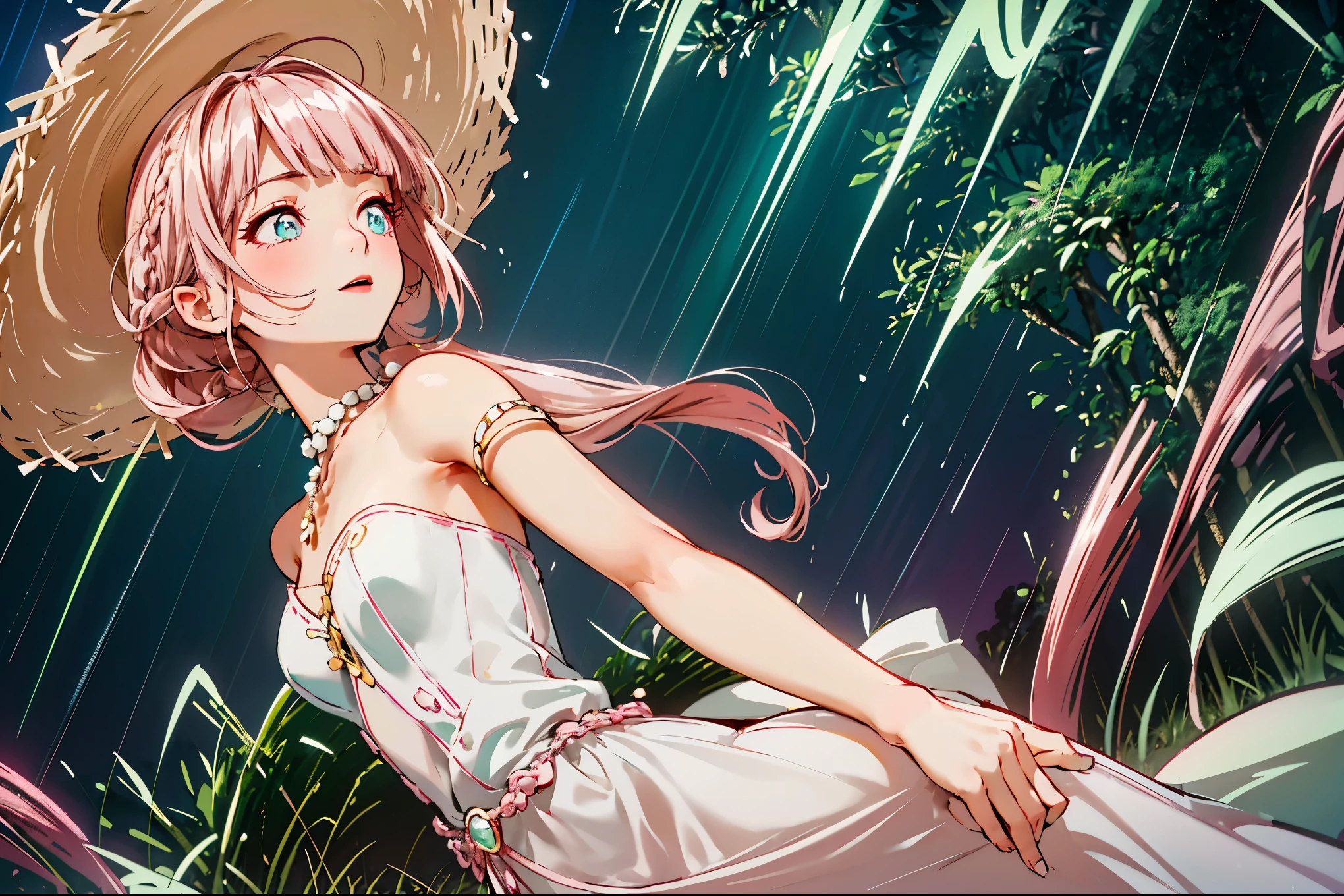 (((pearl pink hair,emerald pupils))),((beautiful and detailed)),(blushing), (geometric:1.1),(((lean on grassland,raining,farmland))), ((1girl,amazing,adorable girl,solo,))(Masterpiece,Best quality, offcial art, Beautiful and aesthetic:1.2),(4k,HD,HRS),((small breasts)),(Physically-based rendering),Sharp focus on face, (((high-detailed skin,The details are complex、Shallow depth of field、movie lighting、Reflectors、a Canon EOS R5、50mm lens、f / 2.8、shot at 8k resolution))),simple cloths，correct pupils,((((shiny hair|detailed hair|half bangs|short hair|single ponytail|curly hair)))),(masterpiece sidelighting),(The sheen),(beautiful hair,beautiful background,bokeh:55mm)),((extremely_Detailed_Eyes_and_face)),Movie girl,(Dynamic posture: 1.2),Brilliant,((straw hat)),((arms down))