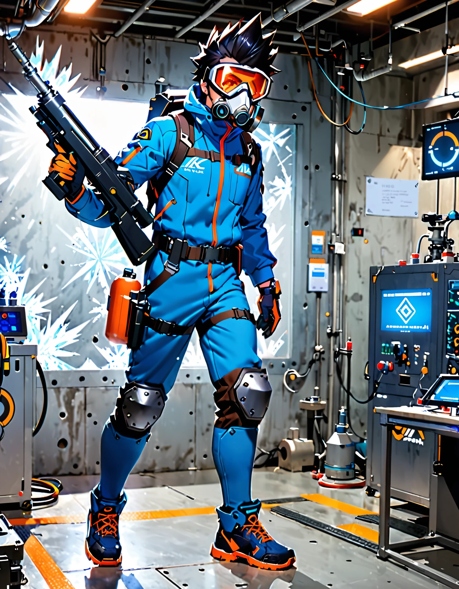 best quality, solo, male focus, overwatch, a man with a helmet and glasses, black hair, spiky hair, blue and white jumpsuit, blue winter jacket, red goggles, blue boots, knee pads, steel breathing mask, (using weapon, freeze gun), laboratory backdrop, ice frost, full body costume design