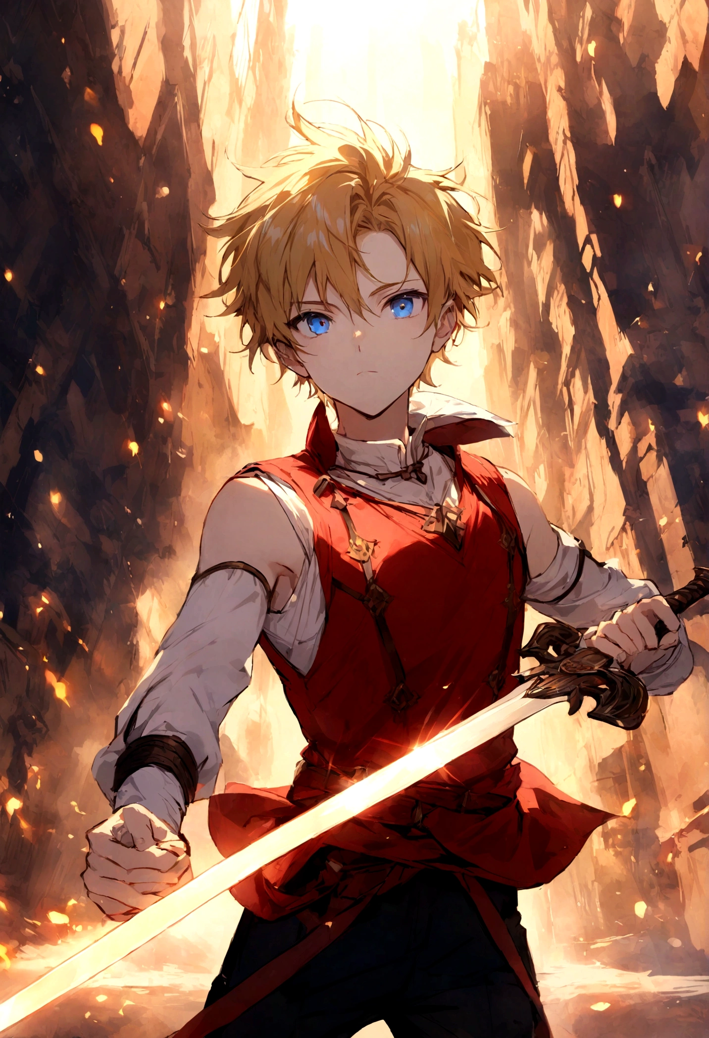 He is 20 years old, an adventurous spirit, wields a sword, has vibrant golden hair, shining blue eyes, wears a white sleeveless shirt, a red vest, and black pants.