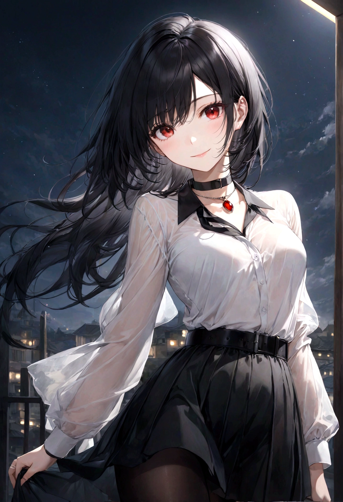 (top-quality)), ((​masterpiece)), ((ultra-detailliert)), (extremely delicate and beautiful), jet black hair, long straight black hair, beautiful sexy woman, gentle smile, elegant expression, red eyes, black collar necklace, sheer crisp white shirt, black skirt, black belt on the skirt, sheer black stockings, night sky background