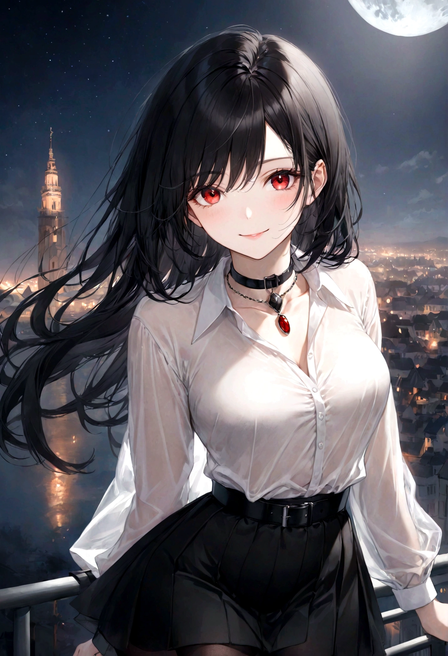 (top-quality)), ((masterpiece)), ((ultra-detailliert)), (extremely delicate and beautiful), jet black hair, long straight black hair, beautiful sexy woman, gentle smile, elegant expression, red eyes, black collar necklace, sheer crisp white shirt, black skirt, black belt on the skirt, sheer black stockings, night sky background