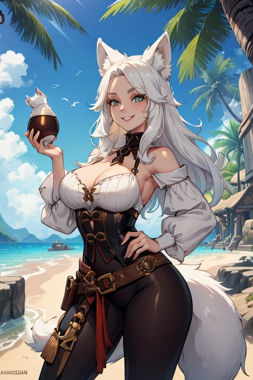 A young white haired fox woman with copper eyes and an hourglass figure and white fox ears and a white foxy tail in a pirate outfit is holding  a coconut with a big smile