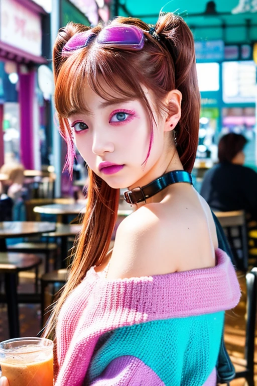 Cyberpunk art、32k，Complex，Very detailed，Digital photography，Wearing a pastel goth look with twin tails and off-the-shoulder、Being in a seaside café、Japanese Girls