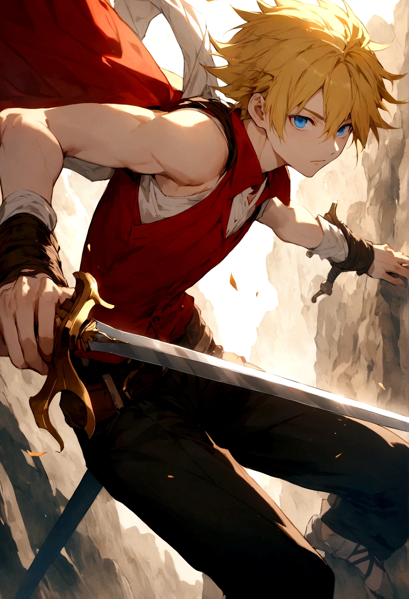 He is 20 years old, an adventurous spirit, wields a sword, has vibrant golden hair, shining blue eyes, wears a white sleeveless shirt, a red vest, and black pants.