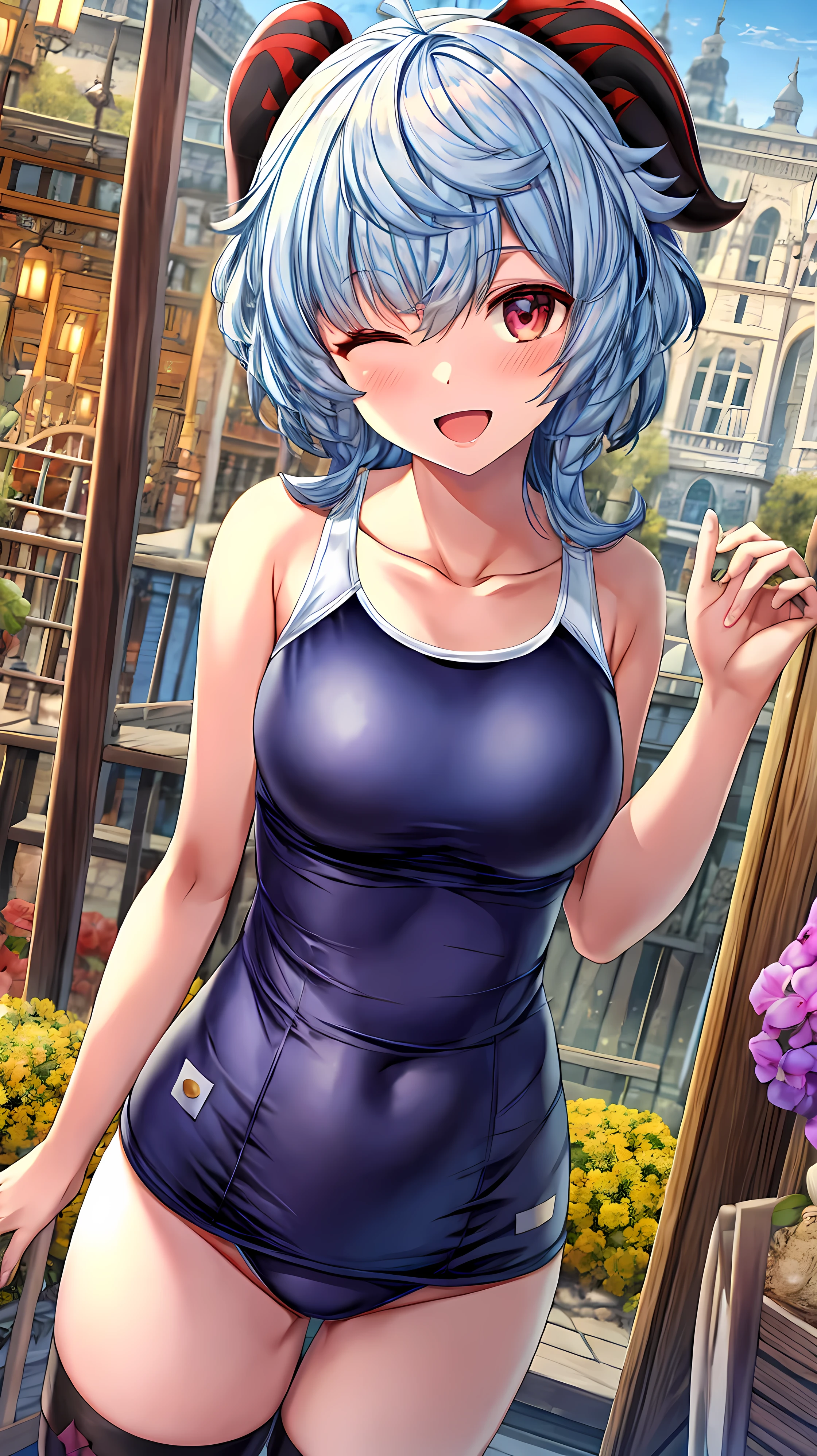 1girl, ganyu \(genshin impact\), Red eyes, a shiny beautiful glowing, natural wave hair, floating hair, shiny color eyes, one eye closed, happy smile, soft cheeks, nose blush, open mouth, in front view BREAK cowboy shot, (school swimsuit, kneehighs, overexplosure:1.3), (sheer:1.2) BREAK (detailed scenery:1.5), ultra realistic photo, outdoors, beautiful lighting BREAK (masterpiece,highest quality)), Super detailed, Shine, shine, Ray Tracing, (Perfect Face, Detailed face, Fine grain, Perfect hands, Perfect Fingers:1.5), hd, Super cute face,(Cute illustrations:1.3), (High chroma:1.5)