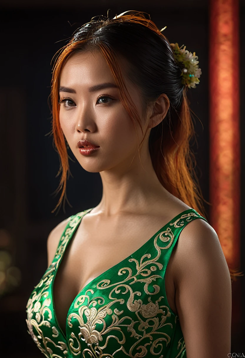 melhor qualidade, Obra de arte, high resolution, 1 garota, Chinese Dress, hair ornament, colar, joia, rosto bonito, sobre_corpo, Efeito Tyndall, Fotorrealista, Dark studio, rim lighting, Two-tone lighting, (pele altamente detalhada:1.2), 8K uhd, DSLR, soft lighting, alta qualidade, volumetric lighting, candid, fotografia, high resolution, 4k, 8K, Bokeh, medium breasts, mulher ruiva olhos verdes, sardas no corpo inteiro, foto perfeita, distracted girl, boca carnuda