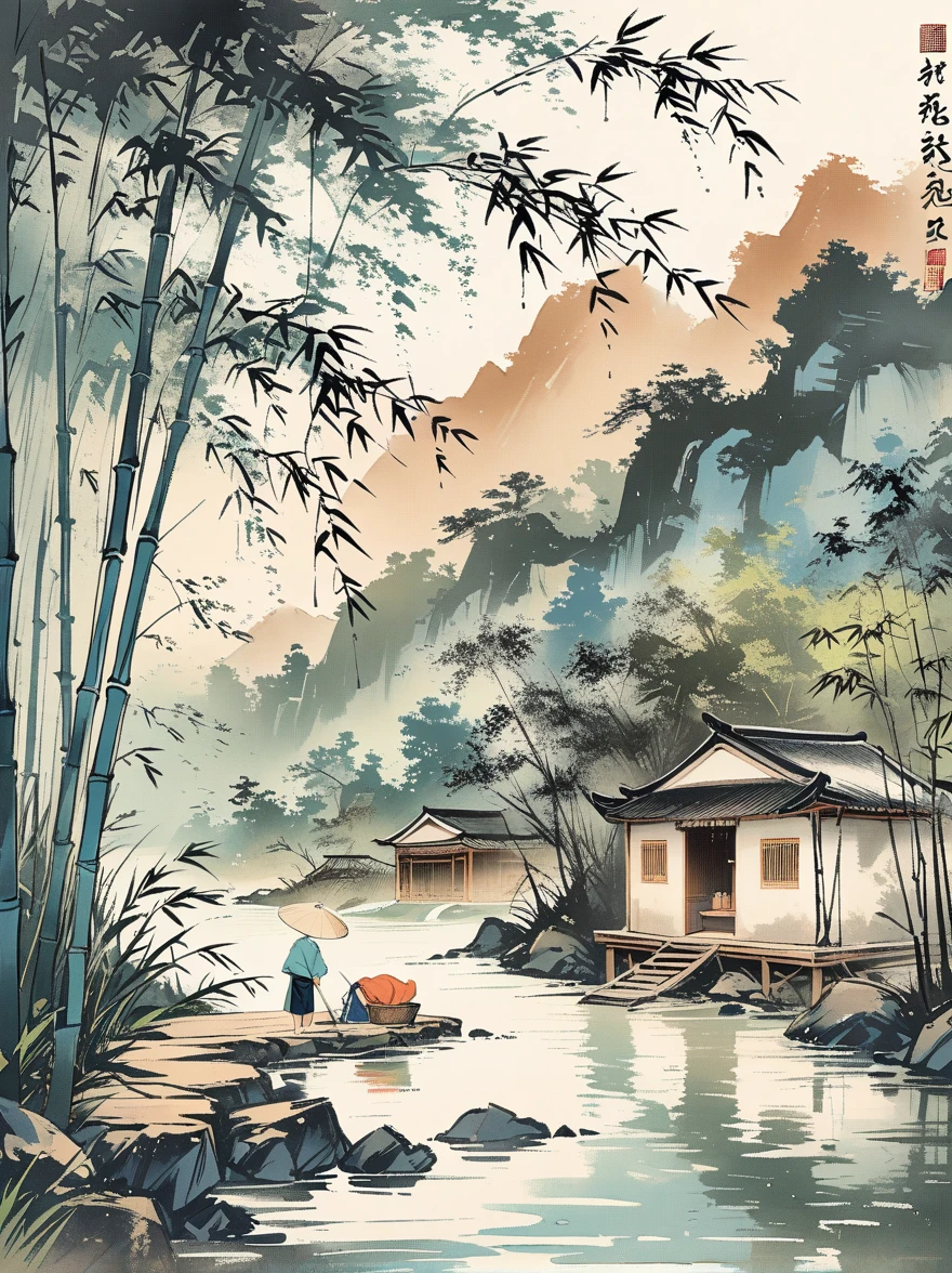 Ink Painting,Washing clothes by the river,Behind it is a bamboo forest,landscape,Ultra HD resolution,Freehand style,majestic,Natural light
