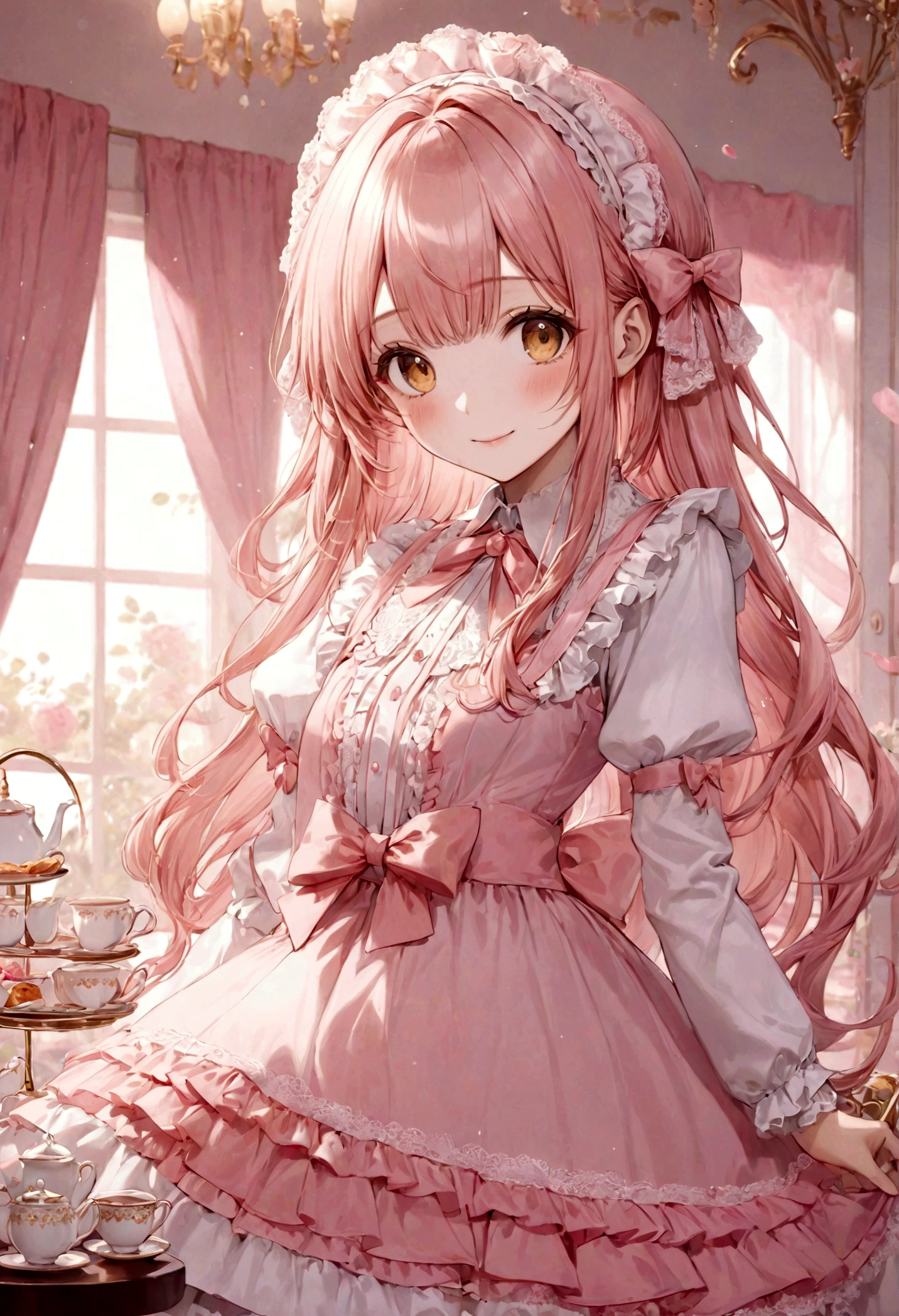 ((top-quality)), ((masterpiece)), ((ultra-detailliert)), (extremely delicate and beautiful), peach pink hair, long straight hair, golden eyes, cute woman, wearing pink ta dress, loliress with lace, cute smile, pink sash bows, tea party background