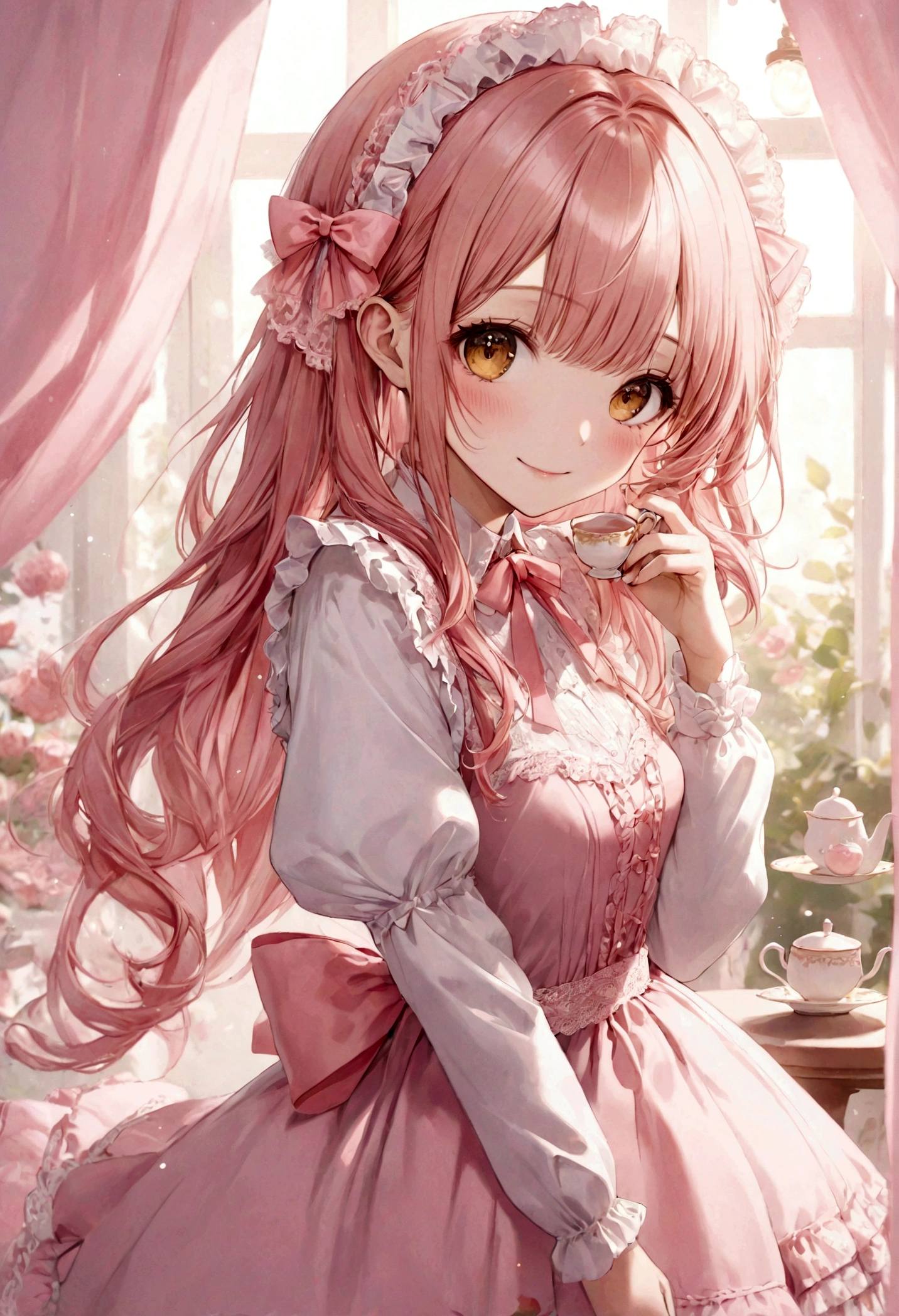 ((top-quality)), ((​masterpiece)), ((ultra-detailliert)), (extremely delicate and beautiful), peach pink hair, long straight hair, golden eyes, cute woman, wearing pink lolita dress, lolita dress with lace, cute smile, pink sash bows, tea party background