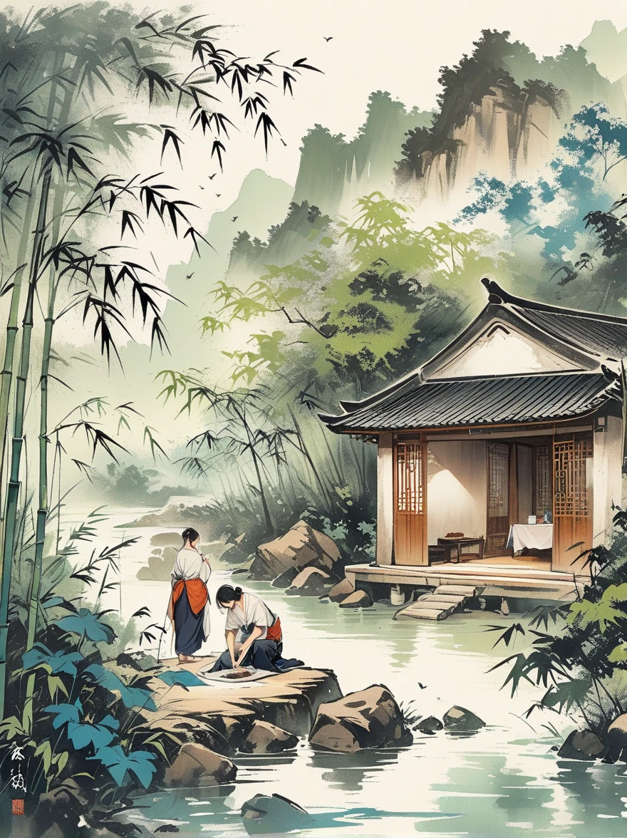 Ink Painting，Washing women on water，Behind it is a bamboo forest，wash clothes，landscape，Ultra HD resolution，Freehand style，majestic，Natural light