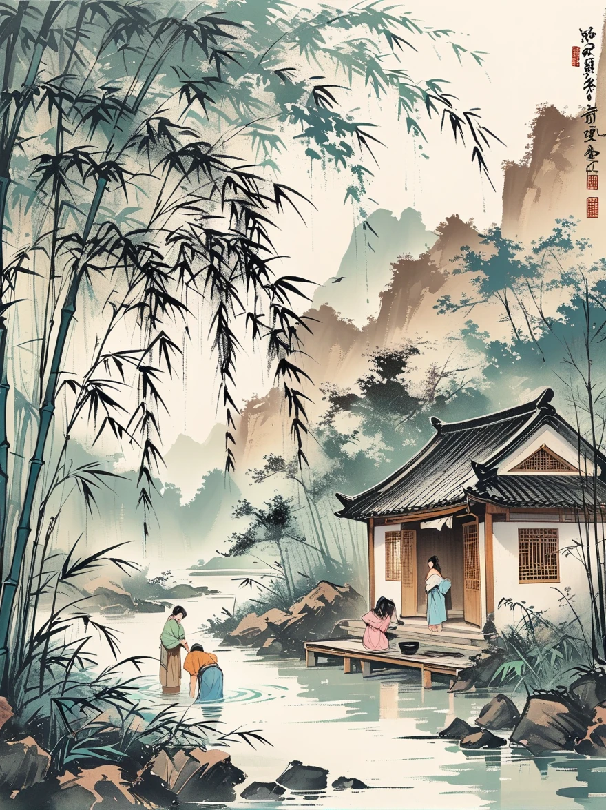 Ink Painting,Washing women on water,Behind it is a bamboo forest,wash clothes,landscape,Ultra HD resolution,Freehand style,majestic,Natural light