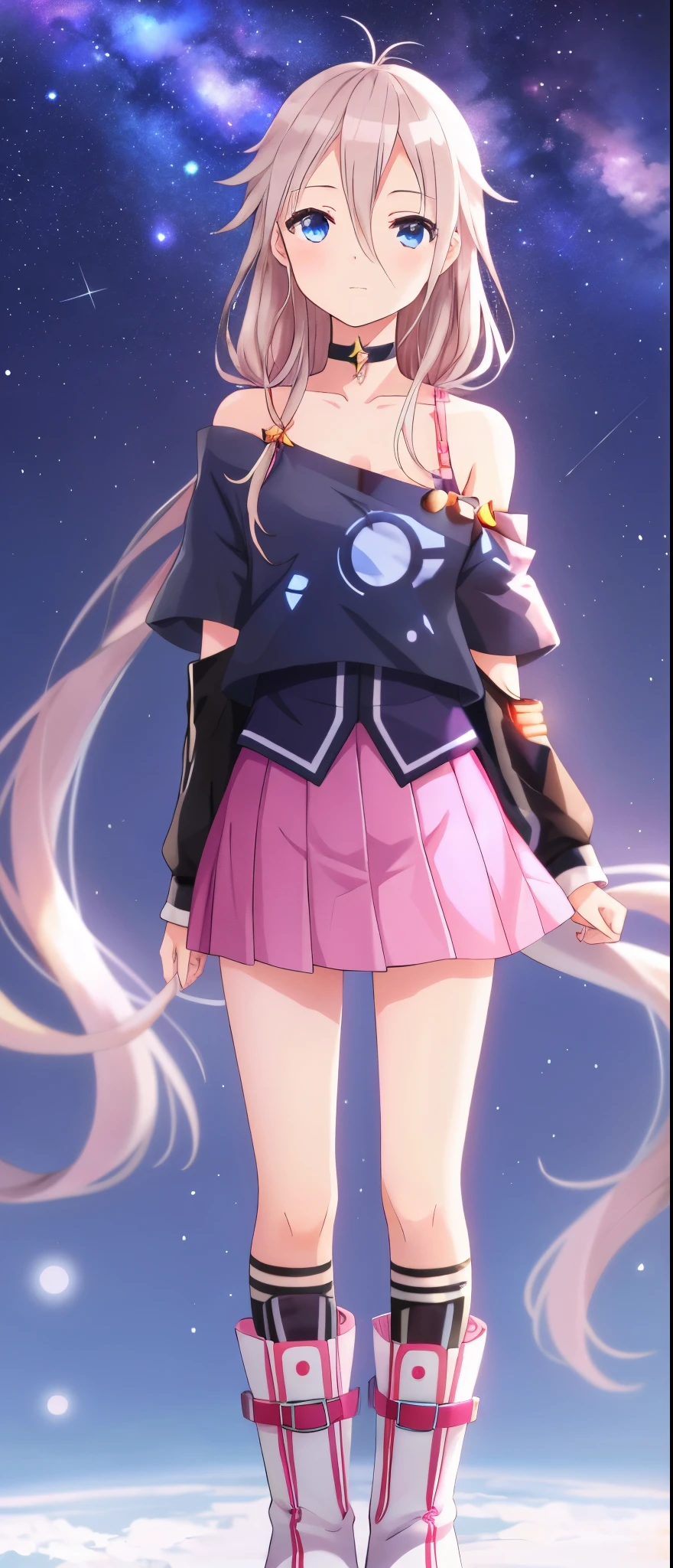 one girl, IA, Vocaloid, CeVIO AI, short skirt, black shirt, off shoulder, choker, beauty, starry sky, mysterious girl, romantic, close to girl, Aria on the Planetes, from diagonally, slender, cool, straight hair, boots, standing, wish upon a stars, look up at the stars, calm, detailed face