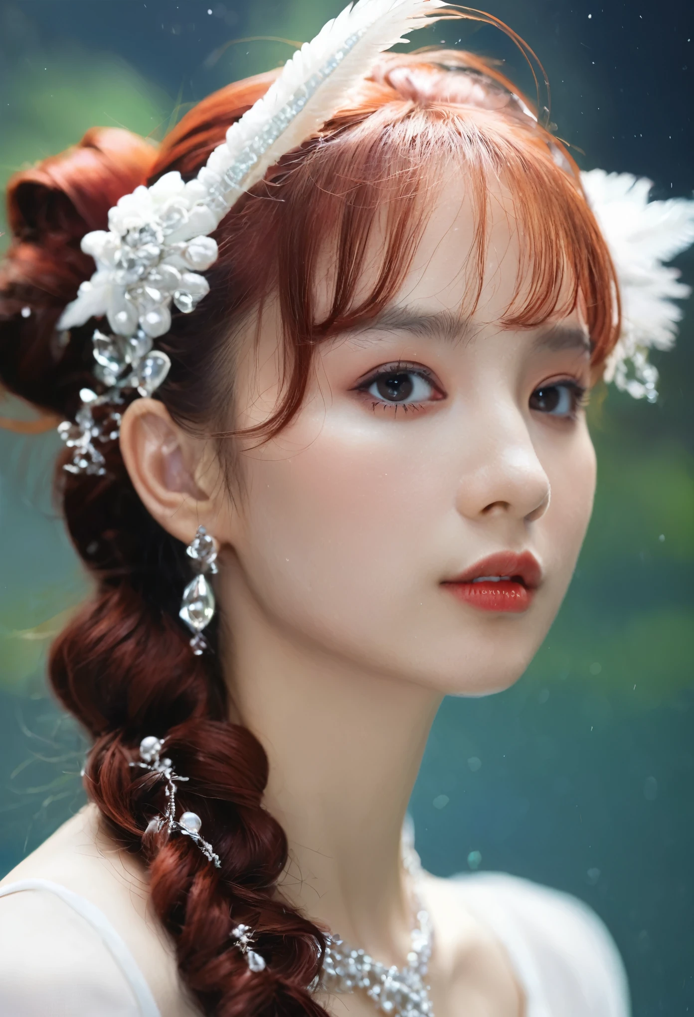 Reddish-brown hair,Long curly hair,ponytail,high ponytail hairstyle,red headdress,red eyes,red eyes,red pupils,Sparkling eyes,under water,