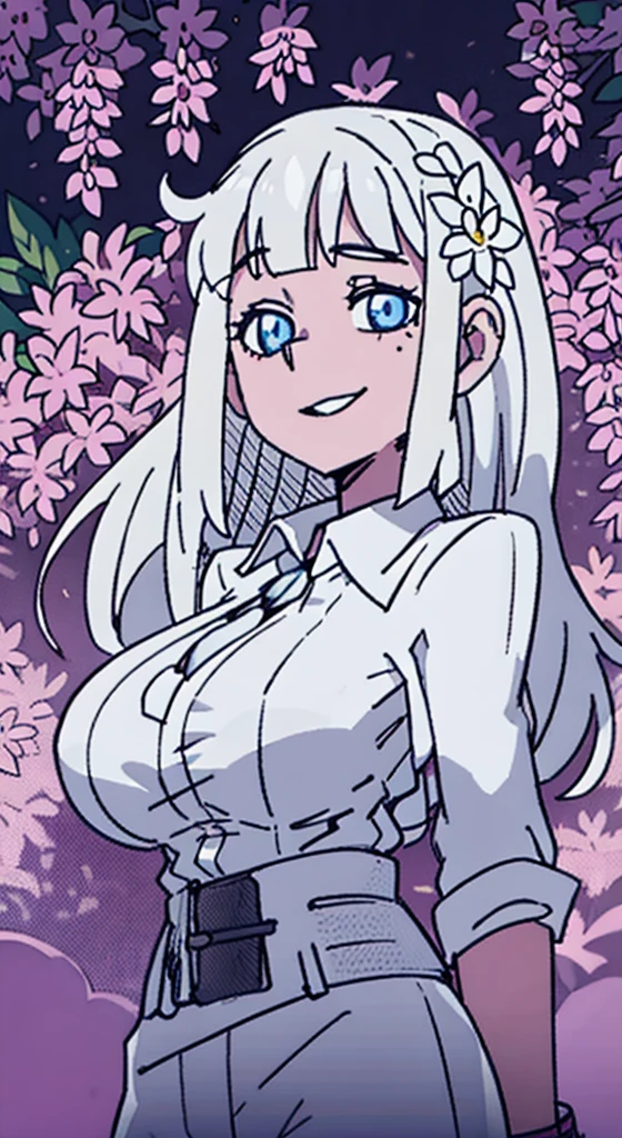 Human girl, white hair, blunt bangs, long flowing hair, glowing background, white sweater, large breasts, cheerful smile, looking at viewer, shiny, light blue eyes, wisteria flower vines