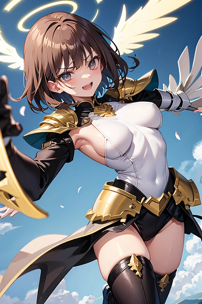 fantasy, 1 angel_girl,, ,brown_hair, medium_bob_hair, long_bangs, halo,bare_shoulder, thighhighs, silver_armor, waist_armor, large_breasts, angry, grinning, open_mouth_teeth, 1 pair_wings, dynamic_pose_fighting, floating, bare_crotch, headgear, gauntlet, greaves, city_background, slightly_spread_legs, solo, groin_naked,