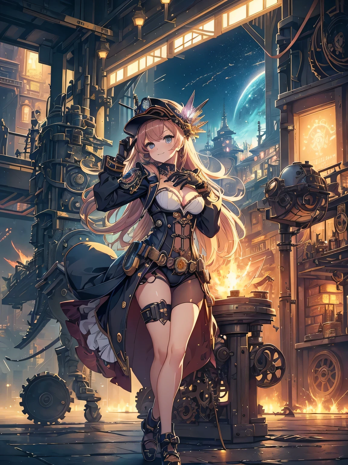 (、machinery background、Gear background、An elaborately mechanized steampunk cityscape 1.5)