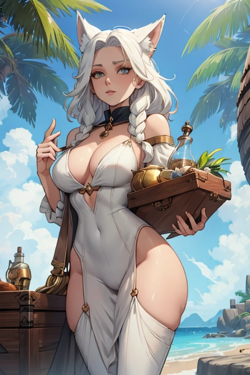 A young white haired fox woman with copper eyes and an hourglass figure and white fox ears and a white foxy tail in a pirate outfit is carrying a chest of treasure on tropical island