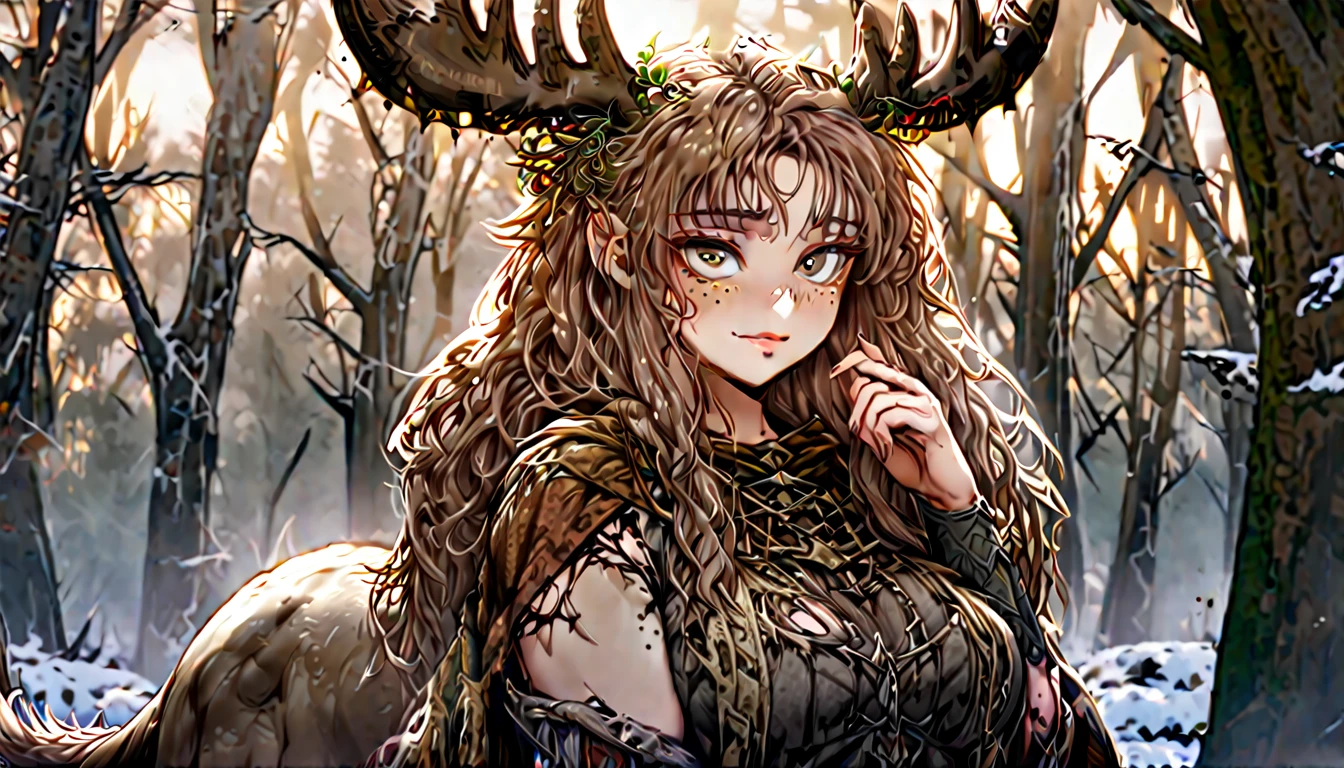 Solo, female, sfw, medium shot, brown hair, long hair, wild hair, deer antlers, huge woman, brown eyes, torn cape, winter, forest, freckles, shy smile, shy pose, deer centaur, villager clothes, medieval