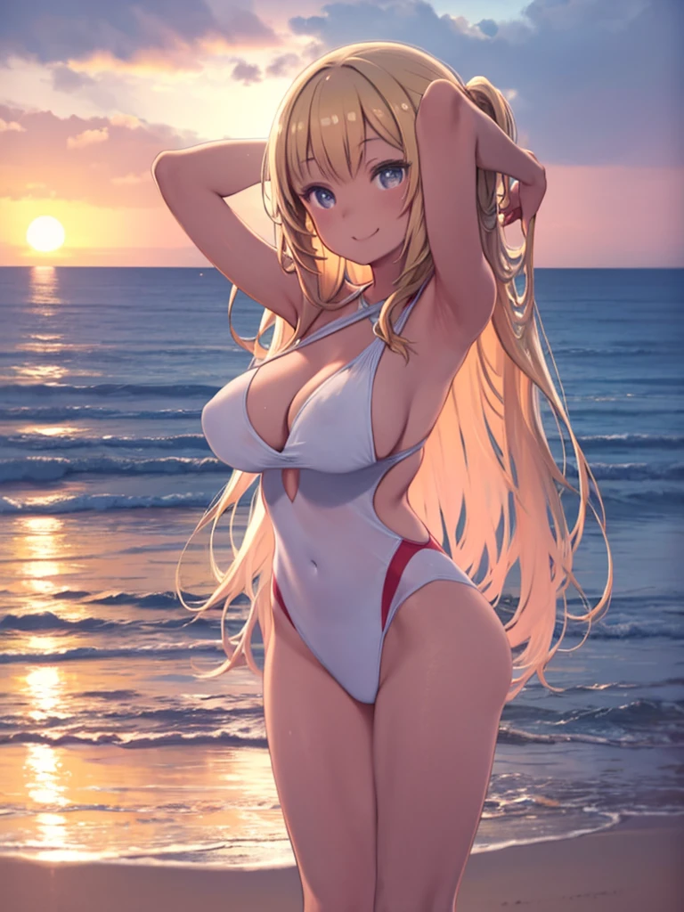 Tanned woman in a swimsuit standing on the beach、Long Hair,Blonde Hair、Illuminated by the setting sun,Beautiful sunset,Smiling at the viewer、Big Breasts、,Arms behind head、Fluttering Hair、