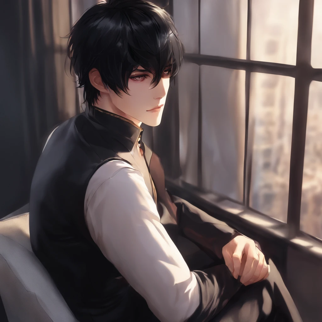 Black hair, black eyes, black dress, anime male