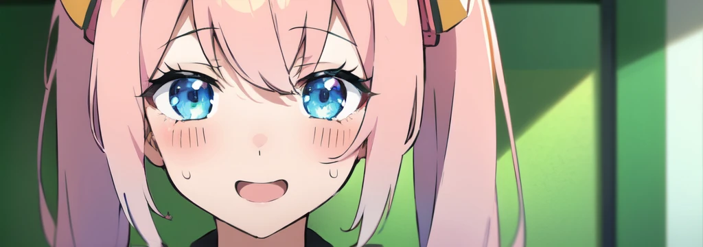 anime girl with pink hair and blue eyes making a peace sign, (1 girl) anime moe artstyle, pink twintail hair and cyan eyes, 2d anime style, shirabii, with index finger, cute anime face, twintails, anime vibes, soft anime illustration, an anime girl, in an anime style, anime visual of a cute girl, anime visual of a cute girl, smooth anime cg art, cute anime girl, young anime girl, an anime girl, female anime character, (anime girl), pretty anime girl, anime character art, anime character, big breast, full breast, large bossom, sexy girl, anime girl, portrait anime girl, anime moe artstyle, sayori, anime best girl (BEAUTIFUL SMILE)