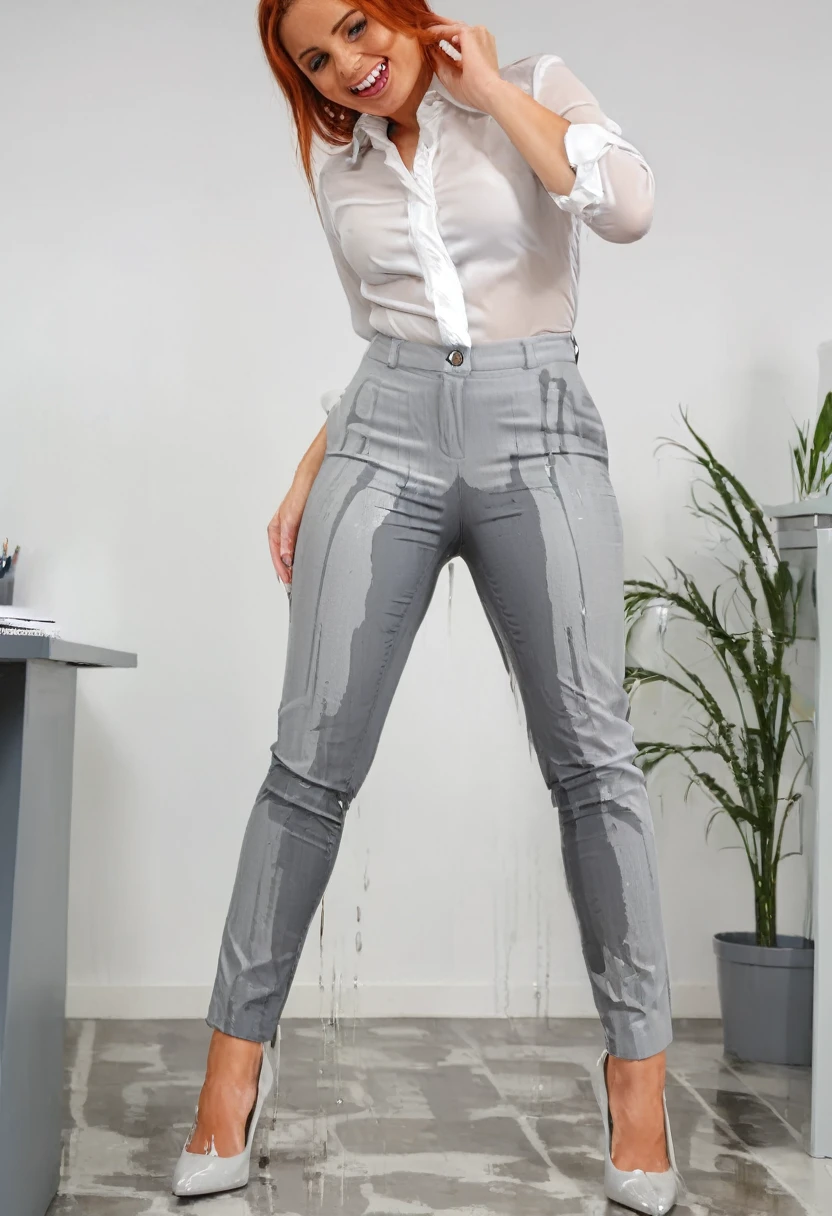 attractive redhead woman wearing gray dress pants, high heel pumps, white blouse, standing in an office, wetting, big smile, pee stains are gleaming wet, pants really soaked with pee, shoes flooded with pee