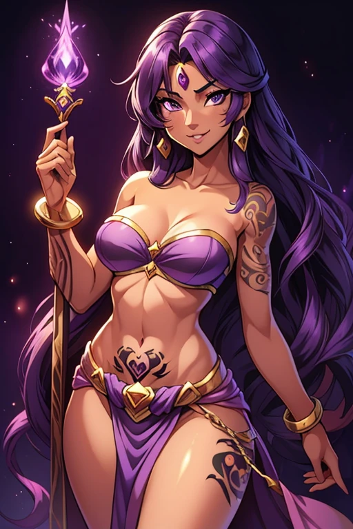 (best quality:1.3), (4K quality), (Detailed face:1.2), (Detailed eyes:1.2), ,Anime Style, solo, 1girl, 25 year old woman, sorceress, (dark skin:1.2), purple hair, wavy hair, long hair, purple eyes, mascaras, purple eyeshadow, smile, (tattoos:1.2), medium breasts, waist, slender legs, attractive body, slim figure, perfect shape, ((Wearing: purple strapless top, purple loincloth, pelvic curtain, golden bracelets)), looking at viewer, holding a magical stuff, purple magic. She had a refreshing, charming personality and is ambiguous and mysterious. Fantasy based setting with purple background，
