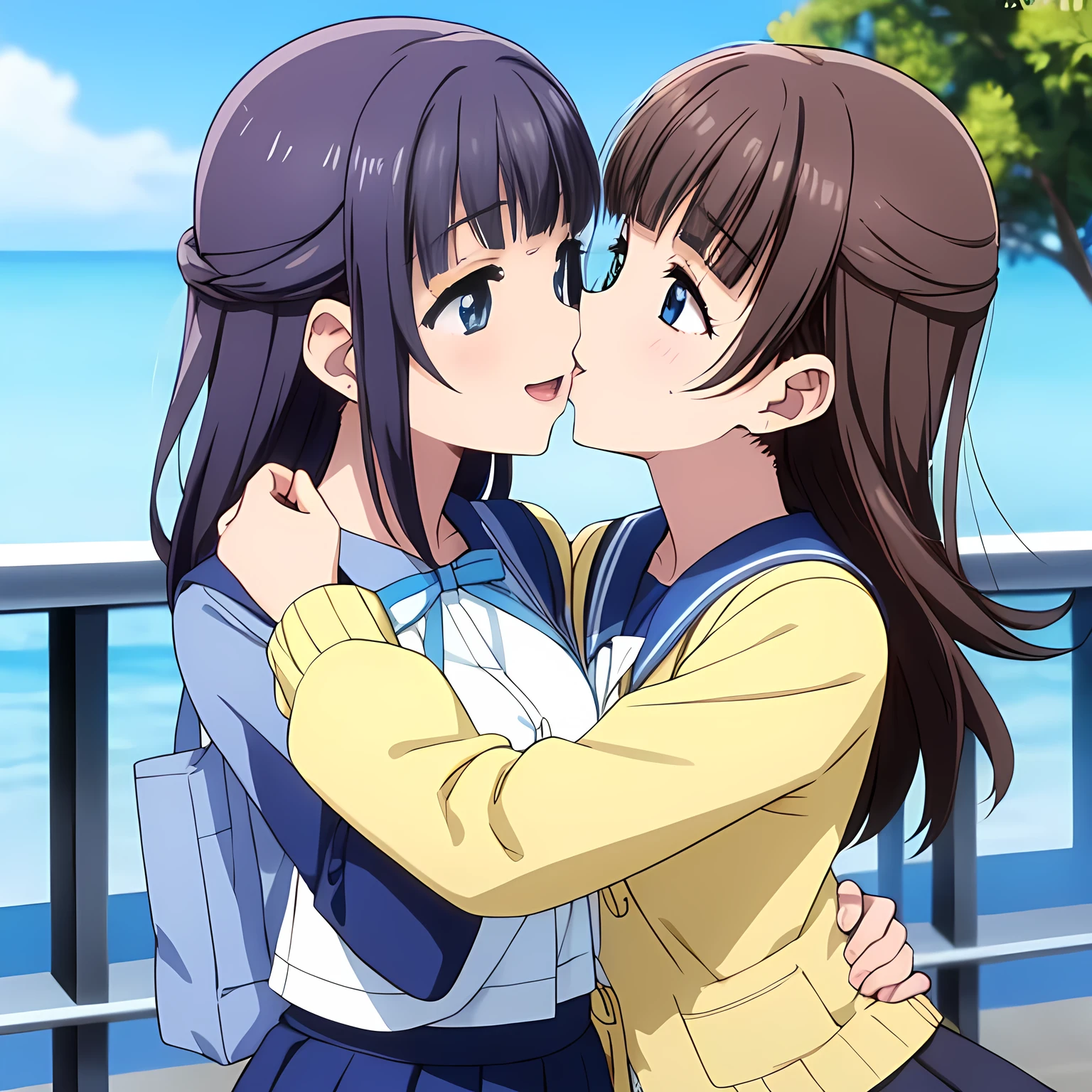 (highest quality, masterpiece:1.2), highest quality, High resolution, 1080p, 8K, Game heroine CG, Height: 158cm, Birch tree, ((2Two beautiful girls are facing each other, smiling and kissing each other)), A face that everyone loves, Glossy lips, Even bangs, Double, Long eyelashes on both the top and bottom, Smiling blue eyes, The very large and thick yellow ribbon bowtie is very cute., ((Black Hair)), Beautiful, shiny, long black hair, ((A long, neat, dark navy pleated skirt)), (((A long-sleeved navy blue sailor uniform for winter, all dark blue in color))), ((Navy blue jacket)), Smiling, slightly open mouth like a game heroine, Ribbon in hair, Tight waist, A pure white space, ((Blur the background)), tilting your head